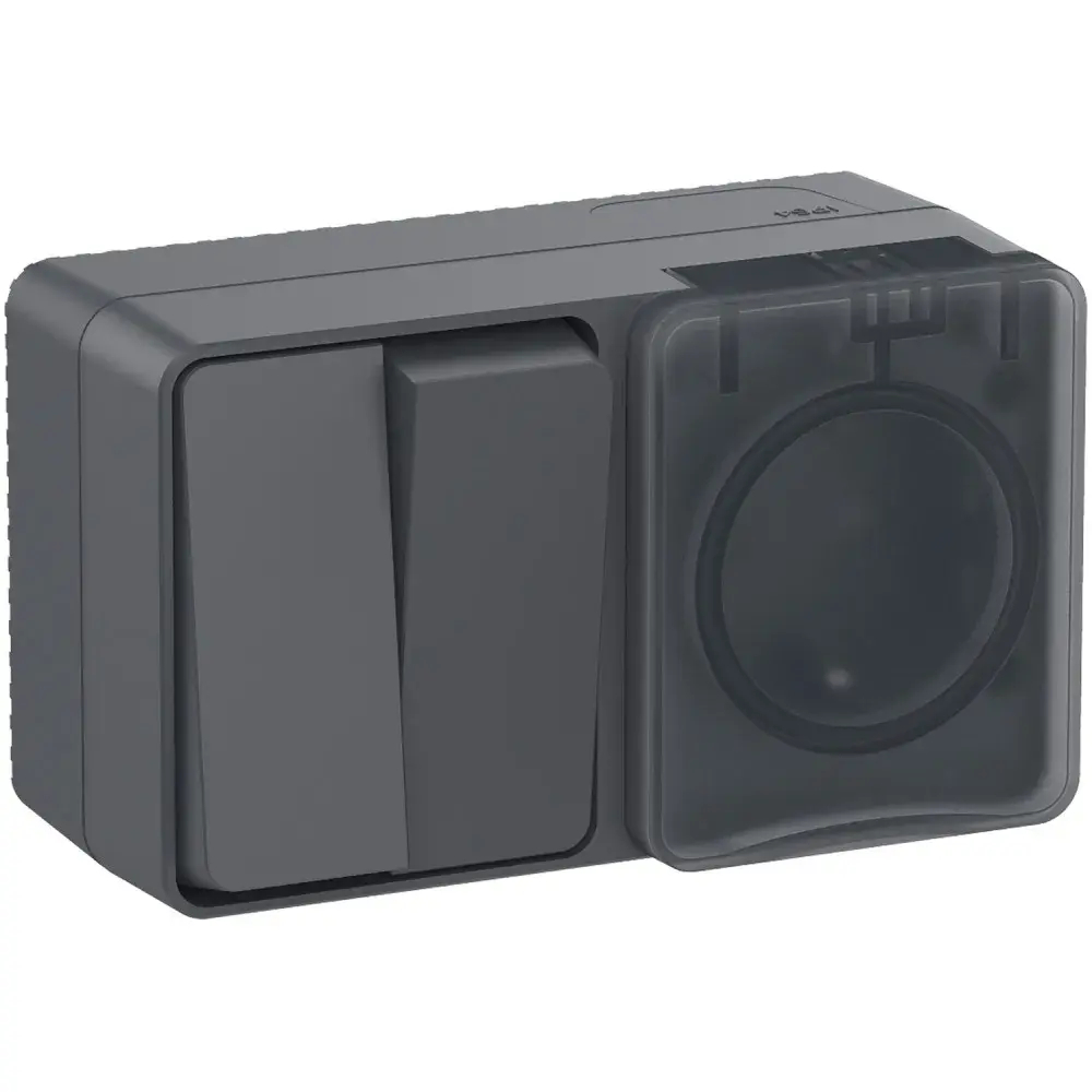 ATLASDESIGN PROFI IP54 О/У БЛОК: РОЗЕТКА с заземл. со шт., 16А, ВЫКЛЮЧАТЕЛЬ 2-клав., 10АХ, АНТРАЦИТ
