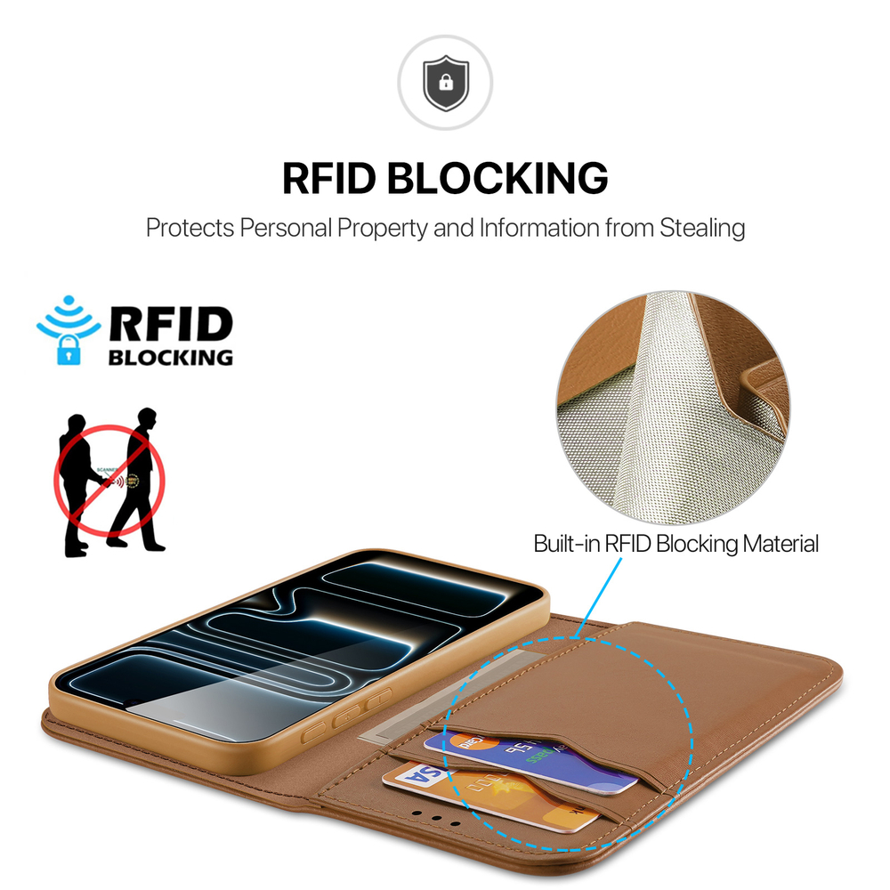 Чехол книжка из натуральной кожи коричневого цвета для iPhone 17 Pro Max, серия Hivo Series Case (защита RFID) от Dux Ducis
