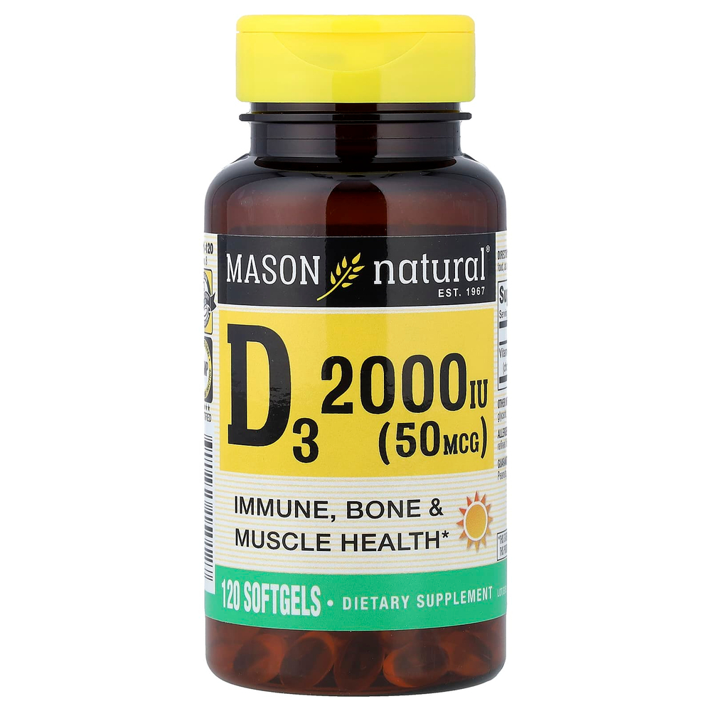 Mason Natural, витамин D3, 50 мкг (2000 МЕ), 120 мягких таблеток