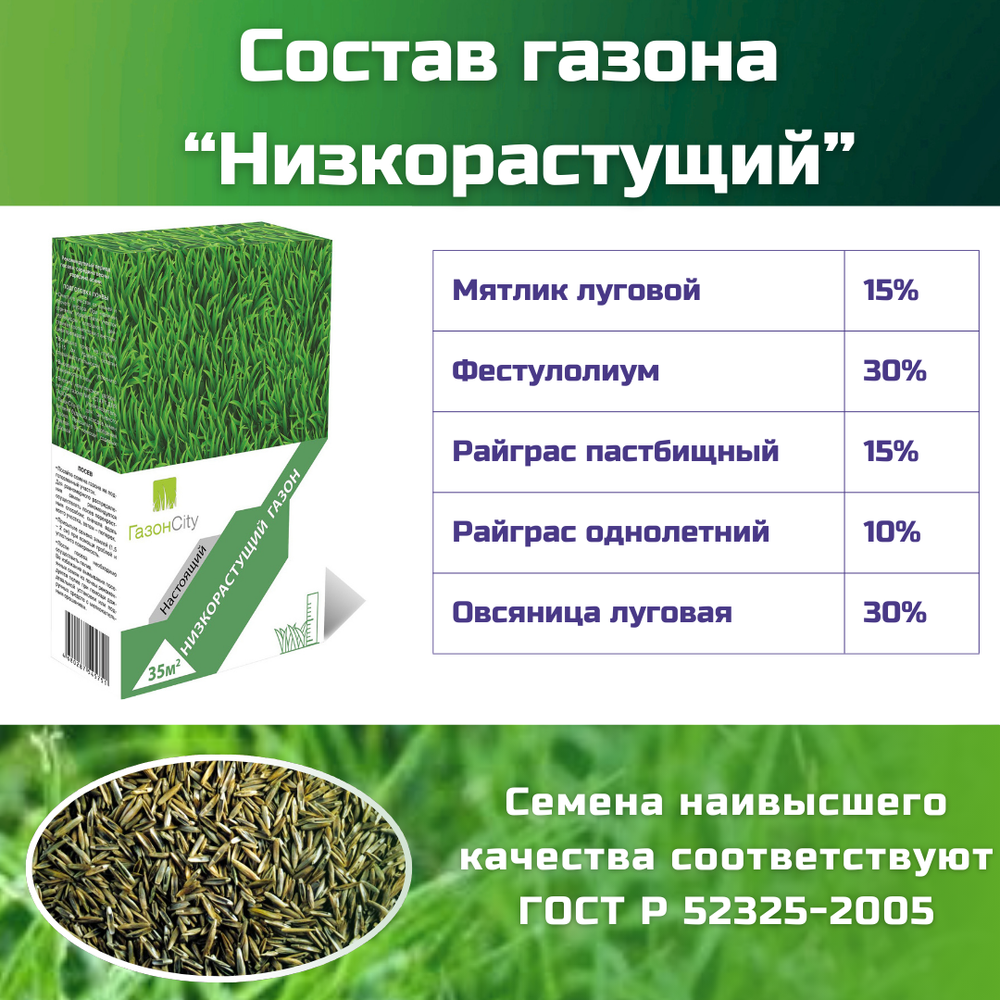 Семена газонной травы, травосмесь Низкорастущий газон, 1 кг/мятлик луговой, фестулолиум, райграс пастбищный, райграс однолетний, овсяница луговая/Газон Сити