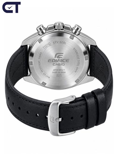 CASIO EFV-620L-1AVUDF EDIFICE мужские наручные часы — хронограф на кожаном ремешке с черным циферблатом