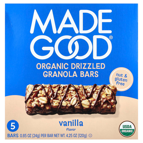 MadeGood, Батончики мюсли, с шоколадом, ваниль, 5 батончиков, 24 г (0,85 унции)