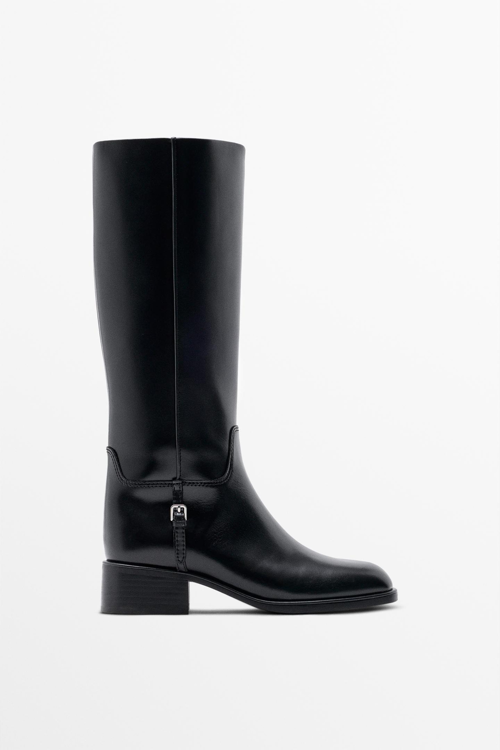 Massimo Dutti Кожаные сапоги на плоской подошве с боковой пряжкой, черный