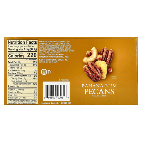 Sahale Snacks, глазированная смесь, со вкусом банана и рома, 9 пакетиков по 42,5 г (1,5 унции)