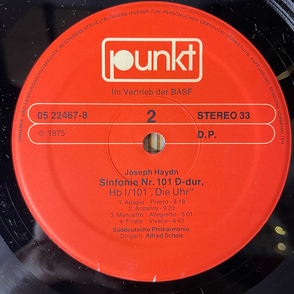 Винтажная виниловая пластинка LP Joseph Haydn Йозеф Гайдн, Suddeutsche Philharmonie, Alfred Scholz, Sinfonie Mit Dem Paukenschlag, Die Uhr (Германия 1975)