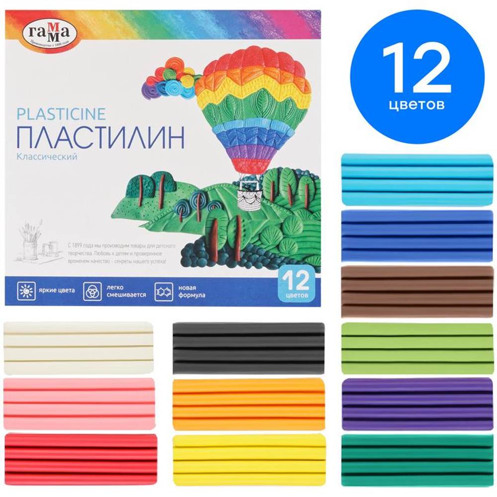 Пластилин "Класический" 12 цветов, 240 гр, со стеком (Гамма)