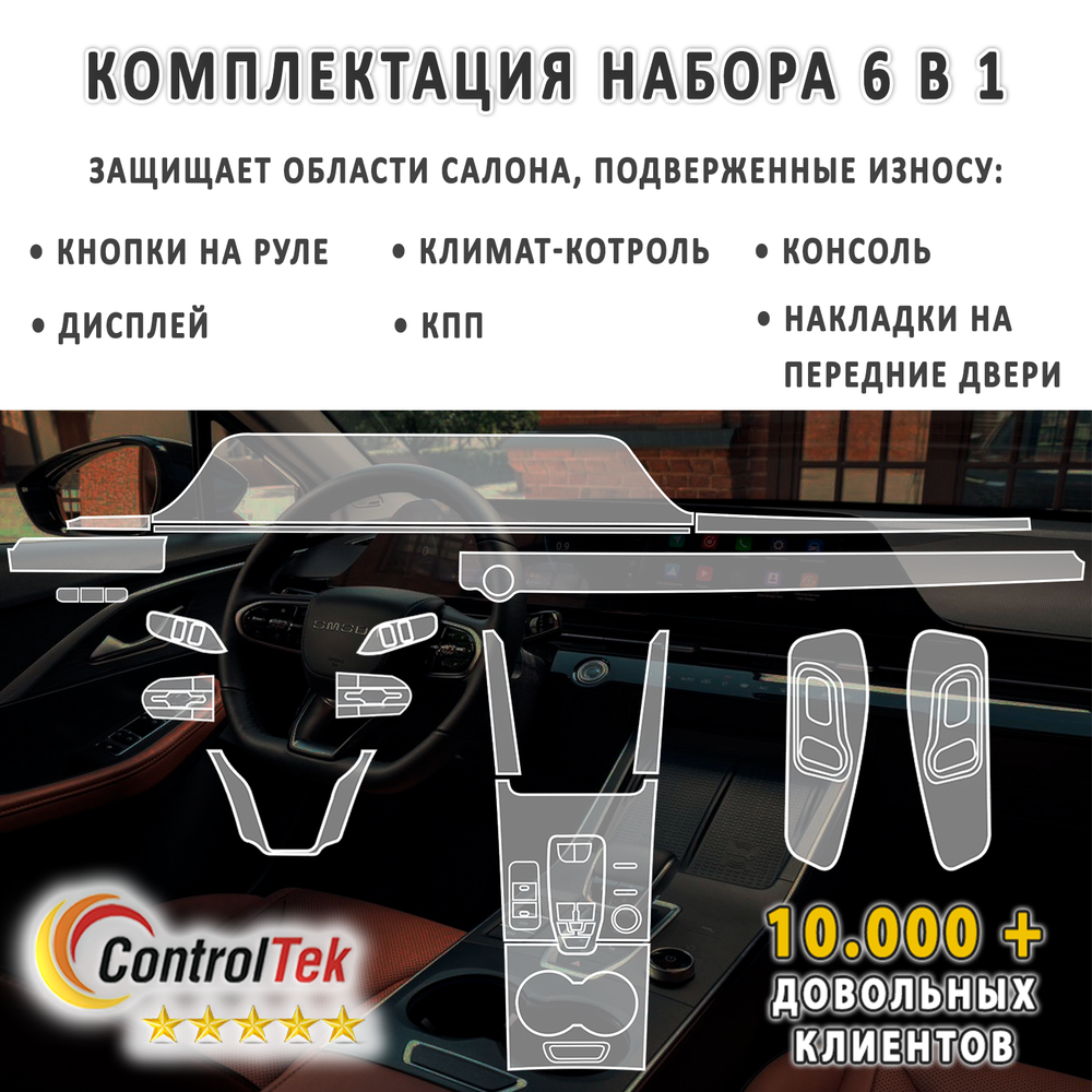 OMODA C5 (2022) - комплект защитных пленок 6 в 1. Пленка защитная ControlTek HYBRID со слоем TOP COAT. Толщина: 6 mil. (175 мкм.)