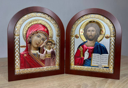 Складень, Спаситель, Казанская БМ, икона арочная, красное дерево, эмаль 230x360