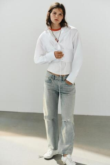 ZARA УКОРОЧЕННЫЕ ДЖИНСЫ TRF С РАЗРЕЗАМИ, СЕРО-СИНИЙ