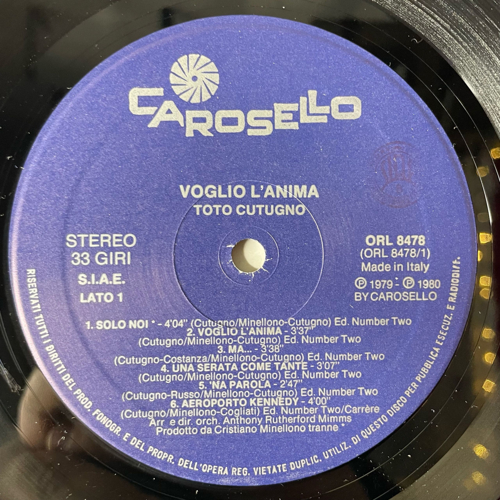 Винтажная виниловая пластинка LP Тото Кутуньо Toto Cutugno Voglio L'Anima (Италия 1980)