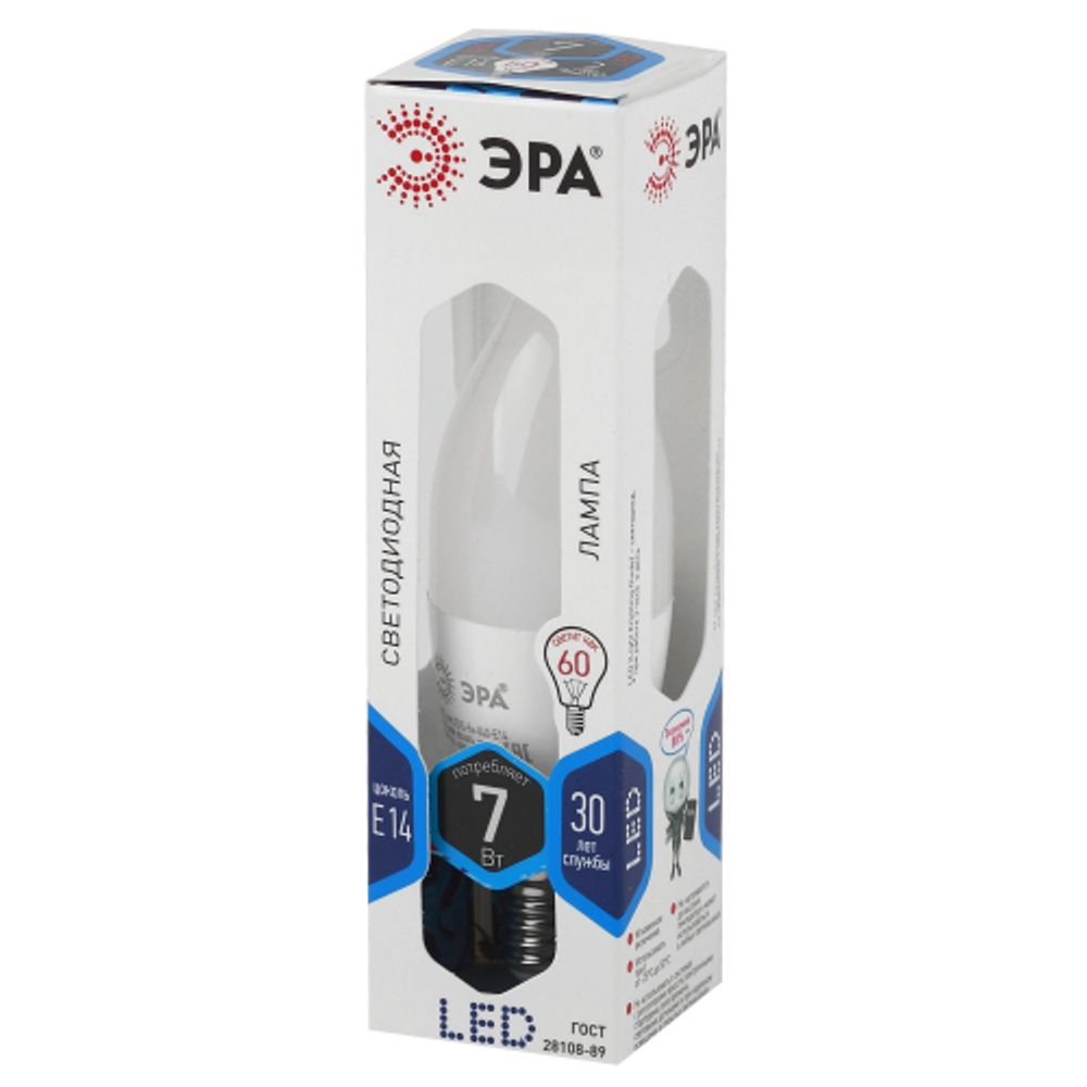 Лампа светодиодная ЭРА STD LED BXS-7W-840-E14 7Вт свеча на ветру нейтральный белый свет Е14 | Лампы cветодиодные Свеча (B/C)