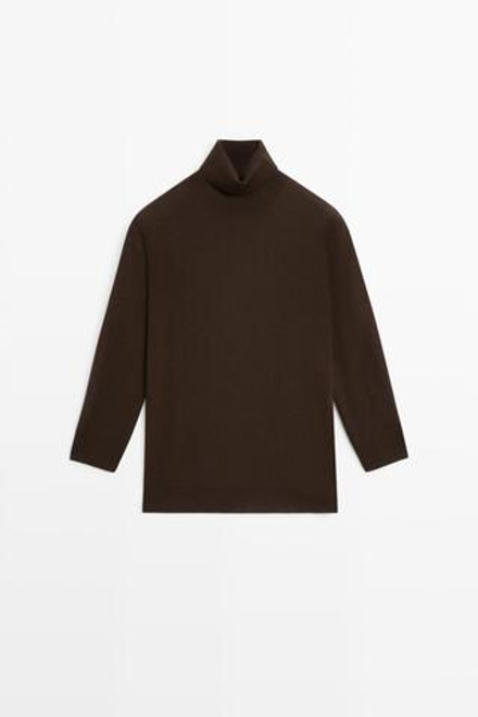 Massimo Dutti Трикотажный свитер из шерсти с высоким воротником, шоколадный