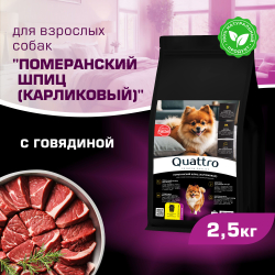 Корм сухой для взрослых собак породы Померанский шпиц (карликовый), с говядиной, 2,5 кг, QUATTRO