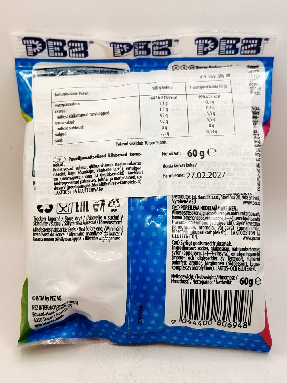 Конфеты Pez Fizzy Rolls с фруктовым вкусом 60 г (Австрия)