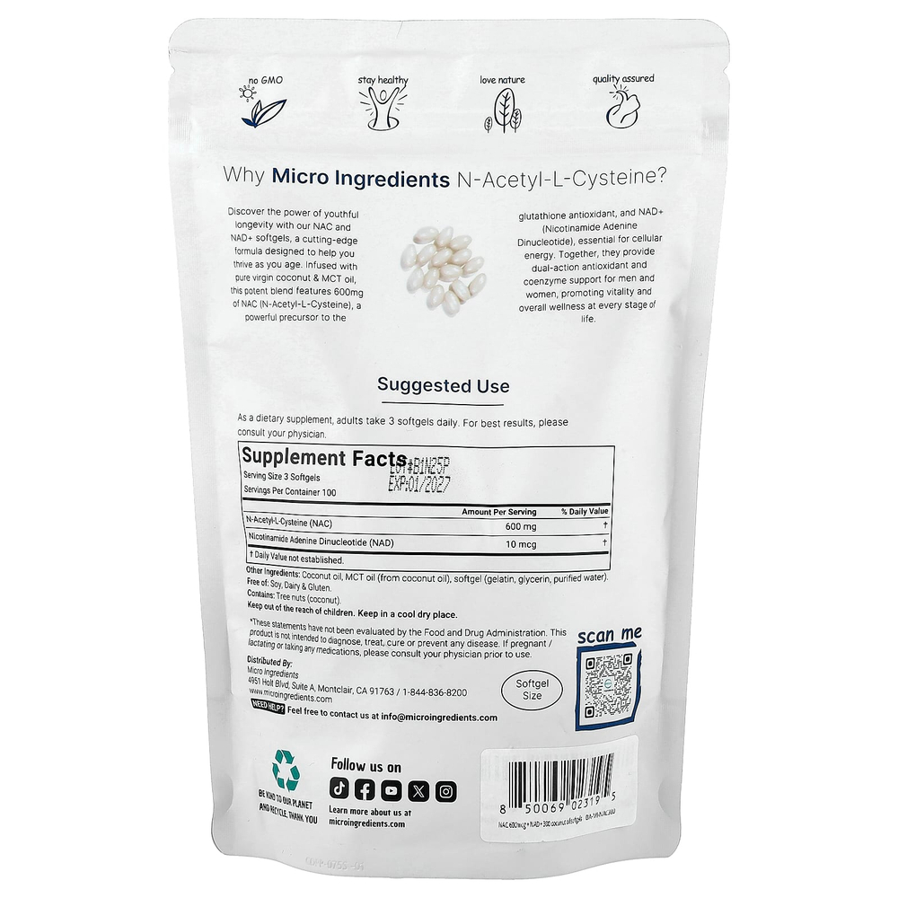 Micro Ingredients, NAC с NAD +, 300 мягких таблеток