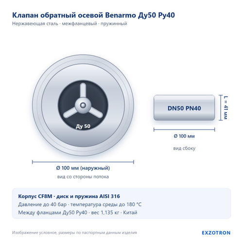 Клапан обратный осевой межфланцевый Benarmo Ду50 Ру40 нержавеющий