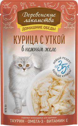 Консервы Деревенские лакомства для кошек "Домашние обеды" курица с уткой в нежном желе -70 гр