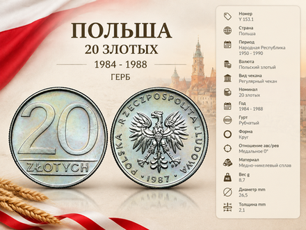 Польша 20 злотых, 1987 Герб XF