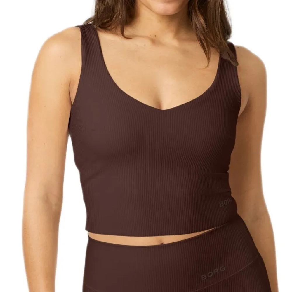 Женский топ теннисный Björn Borg Studio Ribbed V-Neck - coffee bean