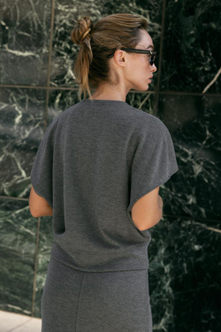 ZARA МЯГКИЙ ТОП С КОРОТКИМИ РУКАВАМИ, СЕРЫЙ МЕЛАНЖ