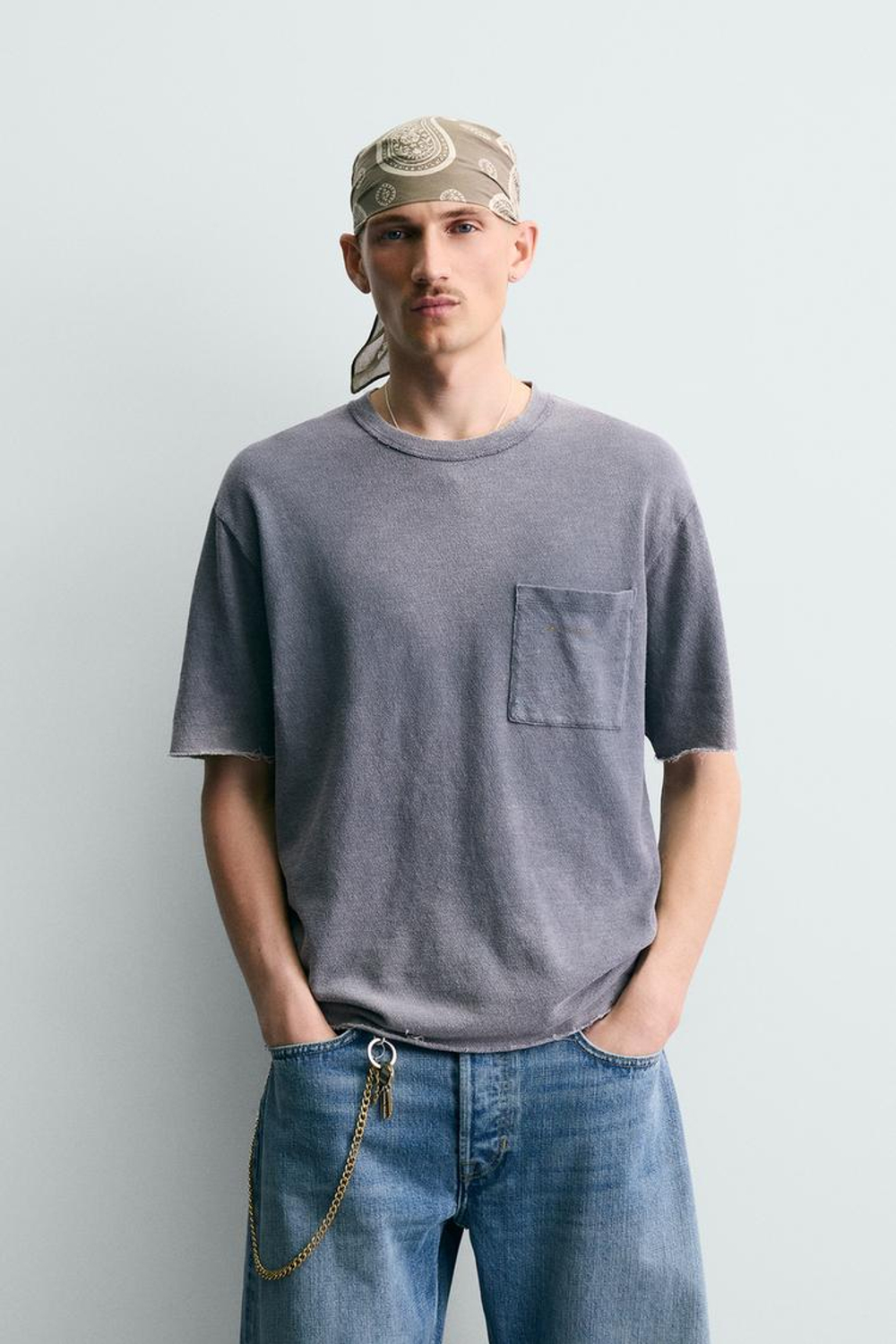 ZARA ФУТБОЛКА RELAXED FIT С ЭФФЕКТОМ ПОТЕРТОСТИ, ЛИНЯЛЫЙ СИНИЙ