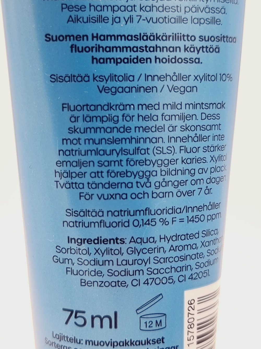 OXYGENOL Зубная паста PERHE мятная, без SLS, содержит 10 % ксилита и фтор, 75 мл (из Финляндии)