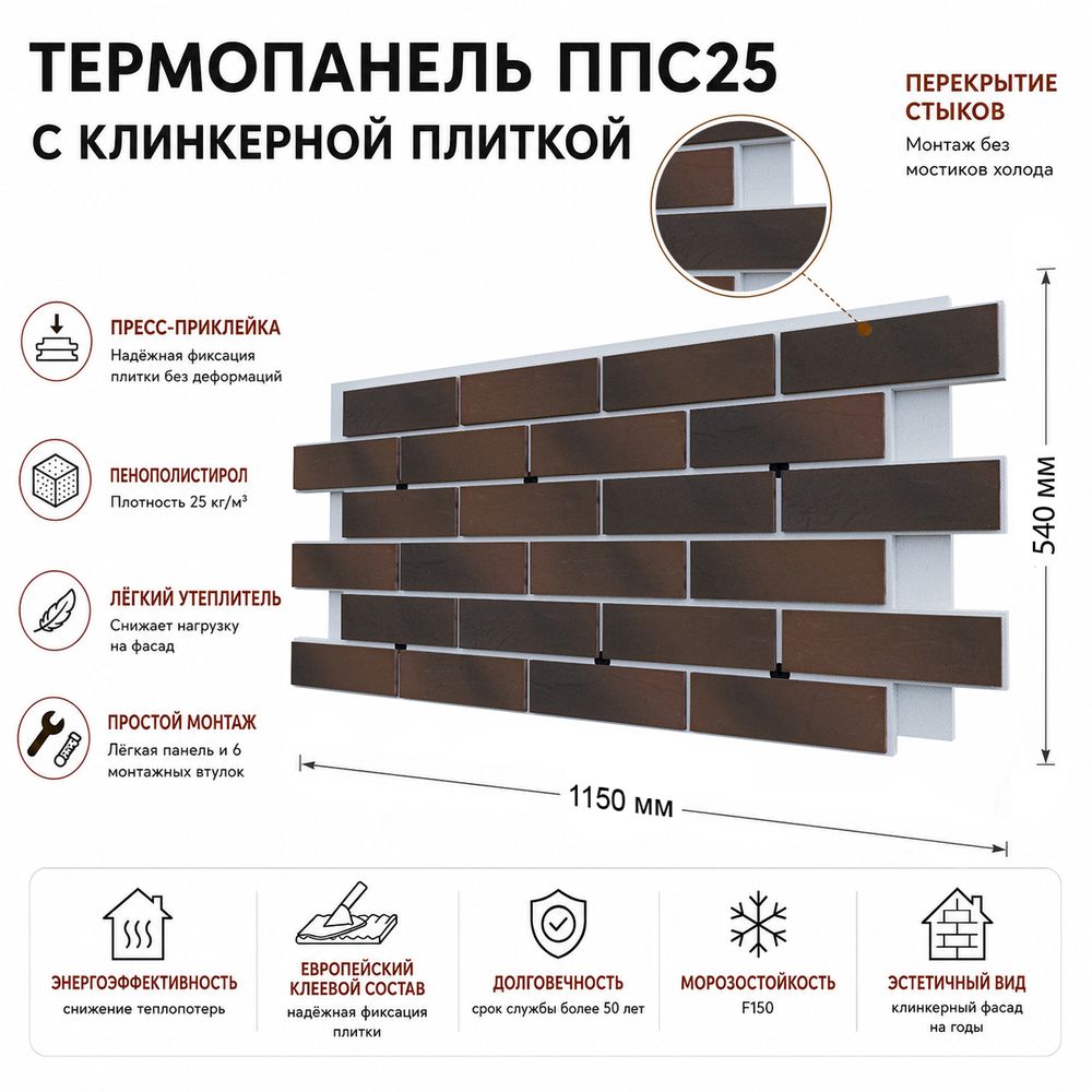Клинкерная фасадная термопанель ППС25 Береза Керамика Брик Хаус Терракотовый 1150x540