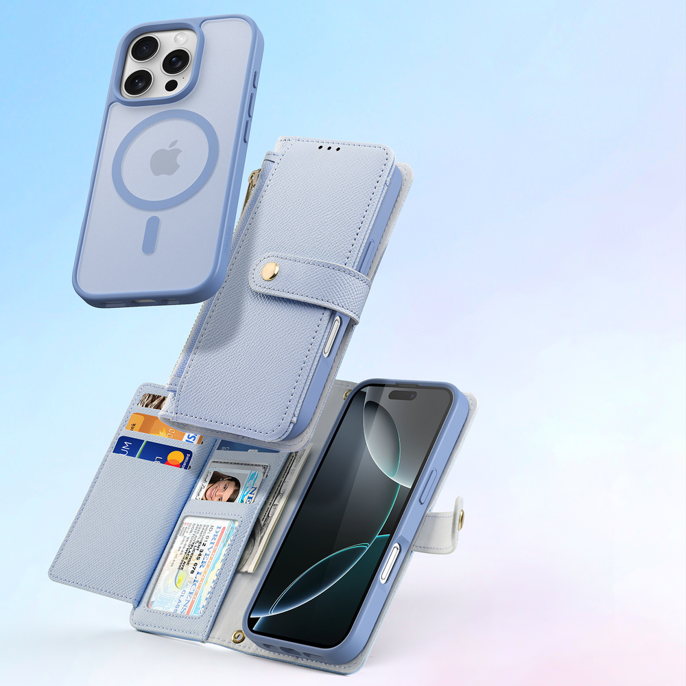 Чехол кошелек из TPU кожи светло-синего цвета (Light Blue) от Dux Ducis для iPhone 16 Pro Max, серия Lawa Series Case