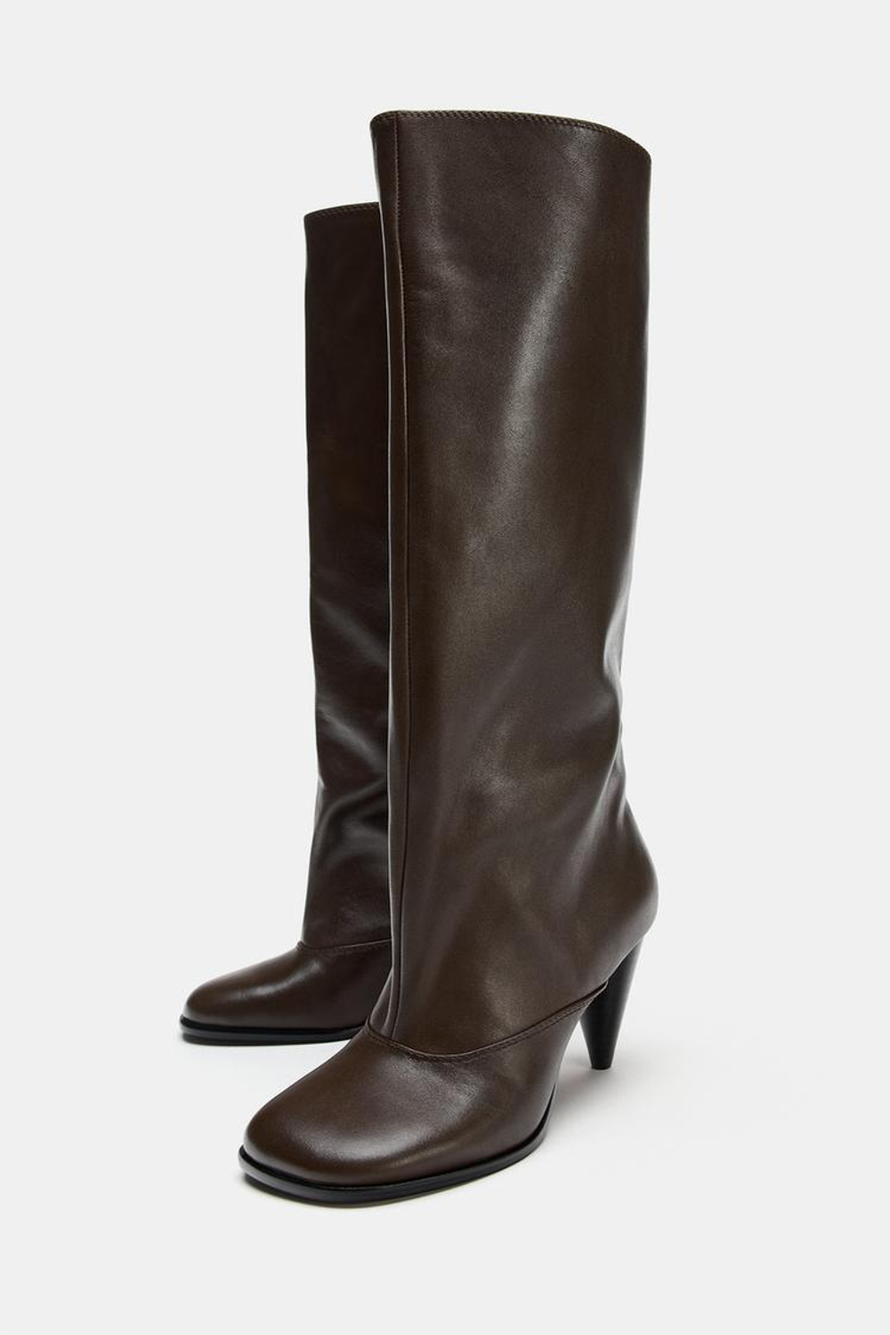 ZARA КОЖАНЫЕ САПОГИ НА КАБЛУКЕ, КОРИЧНЕВЫЙ
