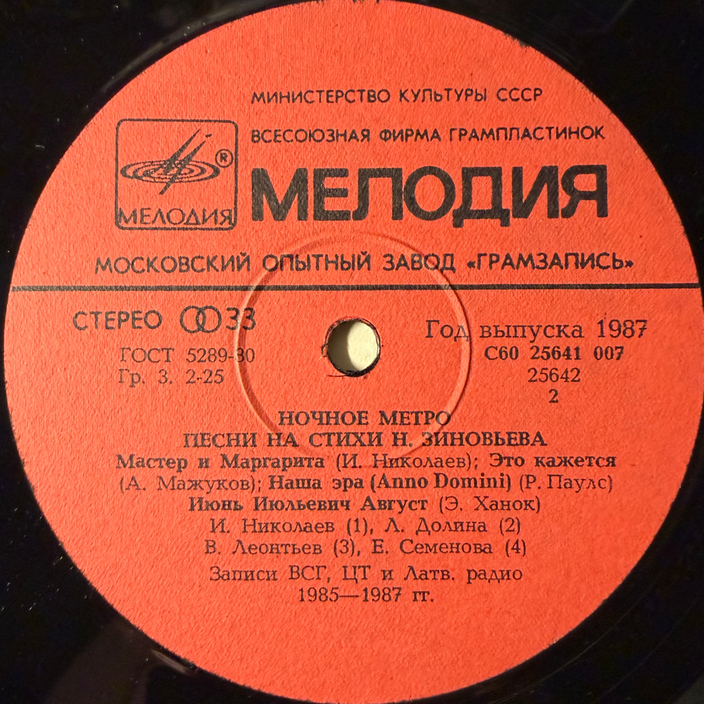 Виниловая пластинка Сборник Ночное Метро. Песни На Стихи Н. Зиновьева LP Мелодия