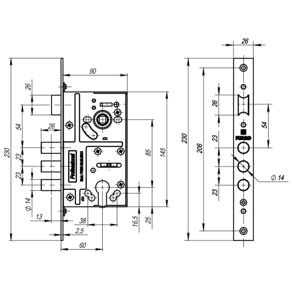 Корпус врезного замка c защёлкой MDV10/C-60.85.3R14