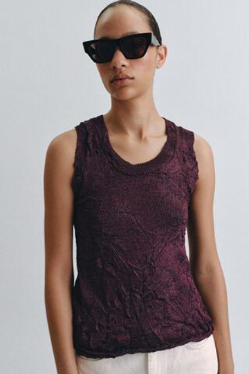 ZARA ТОП ИЗ ЖАТОГО ТРИКОТАЖА, БАКЛАЖАННЫЙ