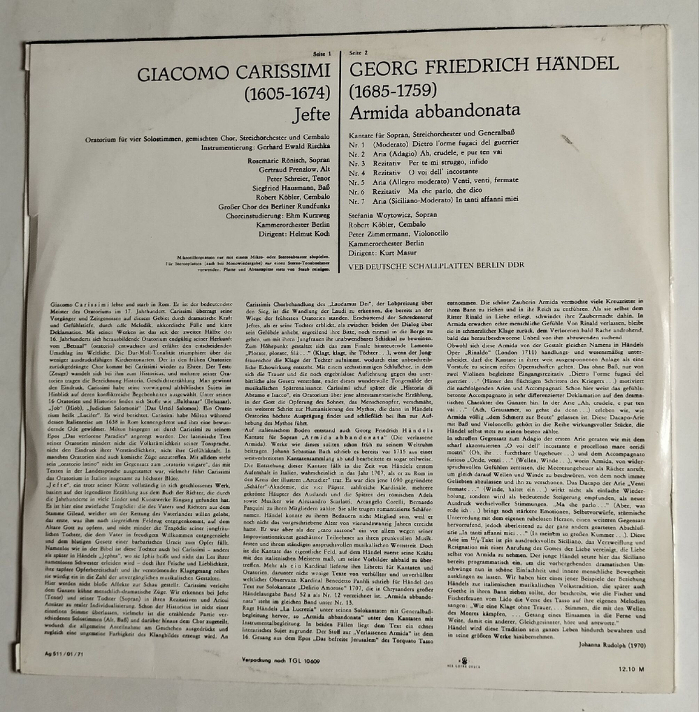Винтажная виниловая пластинка LP Carissimi Jefte Handel Armida Abbandonata (ГДР 1970)