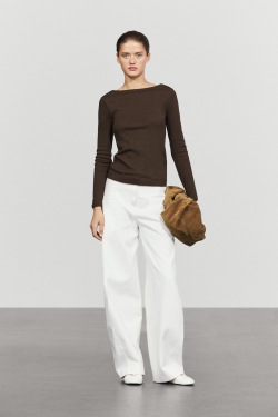 Massimo Dutti Футболка с длинными рукавами и вырезом лодочкой, коричневый