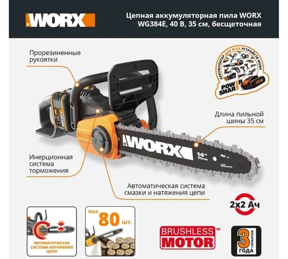 Бесщеточная цепная аккумуляторная пила WORX 40 В, 2х2.0 А*ч, двойное ЗУ 2x2A WG384E