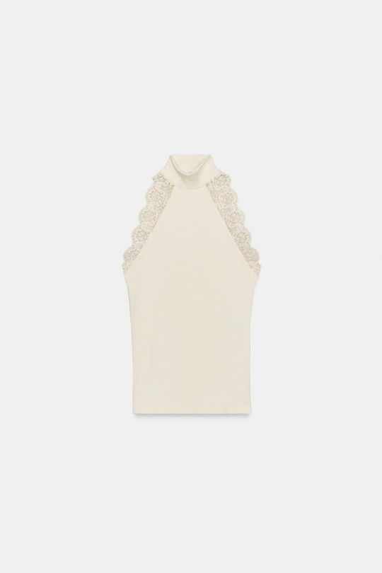 ZARA ТОП В РУБЧИК С КРУЖЕВОМ, ЭКРЮ