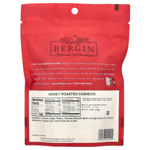 Bergin Fruit and Nut Company, кешью, обжаренные с медом, 170 г (6 унций)