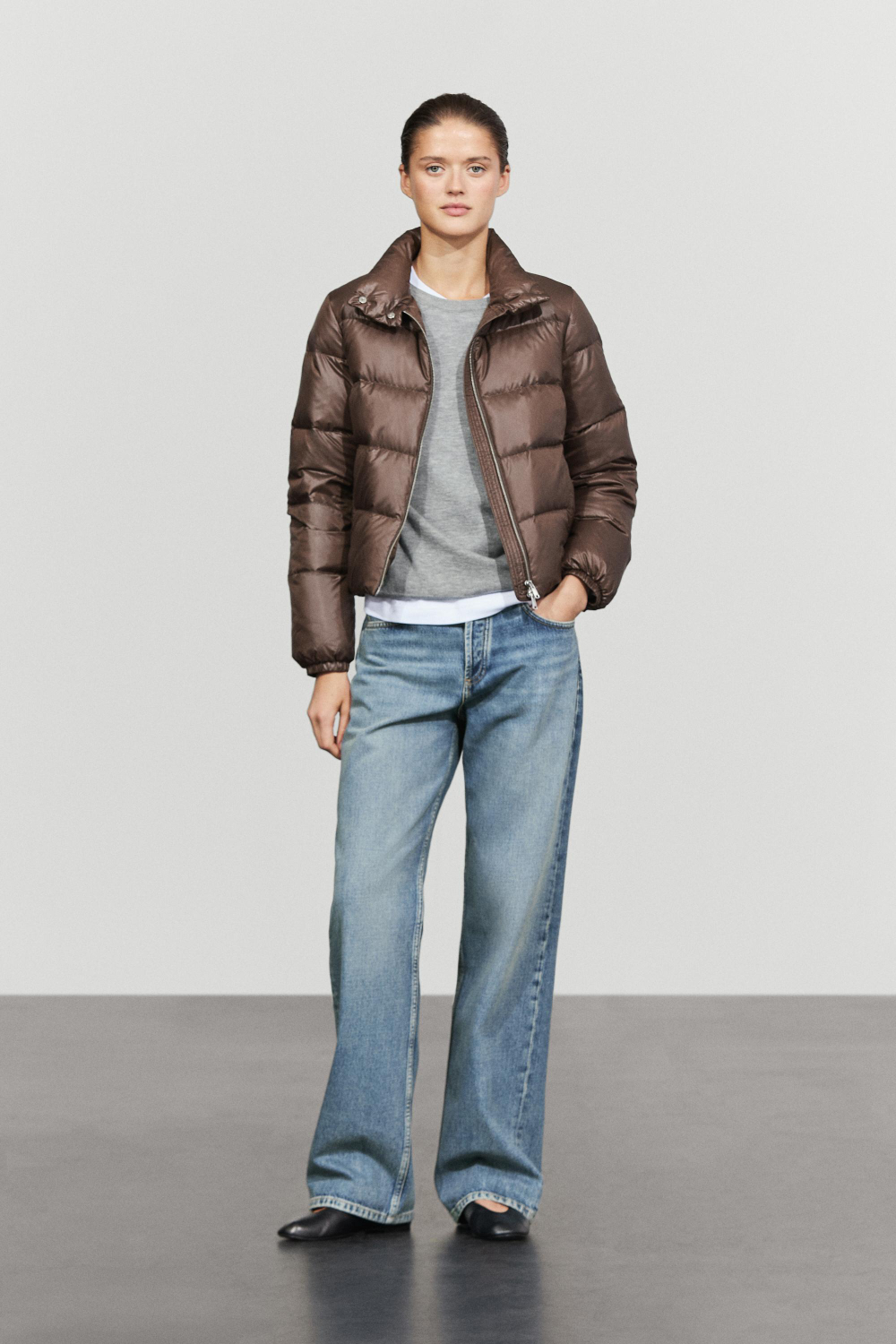 Massimo Dutti Пуховая куртка с высоким воротником, коричневый