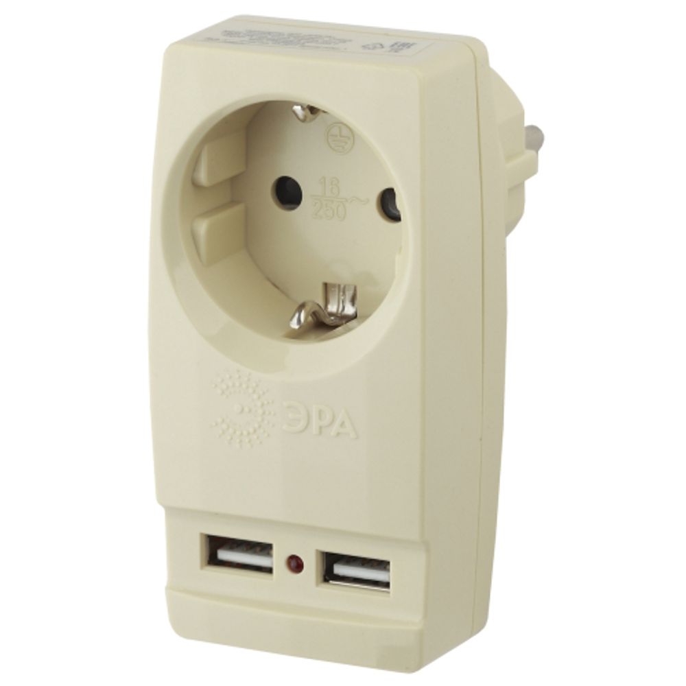 Разветвитель электрический ЭРА SP-1e-USB-I на 1 розетку + 2 USB с заземлением 16А сл. кость | Тройники