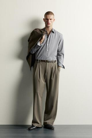 ZARA БРЮКИ WIDE FIT СО СКЛАДКАМИ, СЕРО-КОРИЧНЕВЫЙ