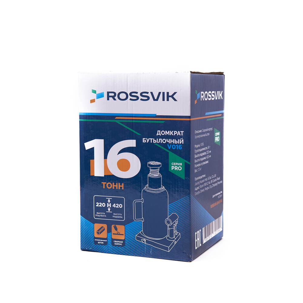 Домкрат бутылочный ROSSVIK PRO V016, г/п 16,0т
