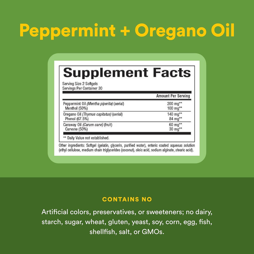 Natural Factors, комплекс из перечной мяты и масла орегано, 60 капсул, покрытых кишечнорастворимой оболочкой