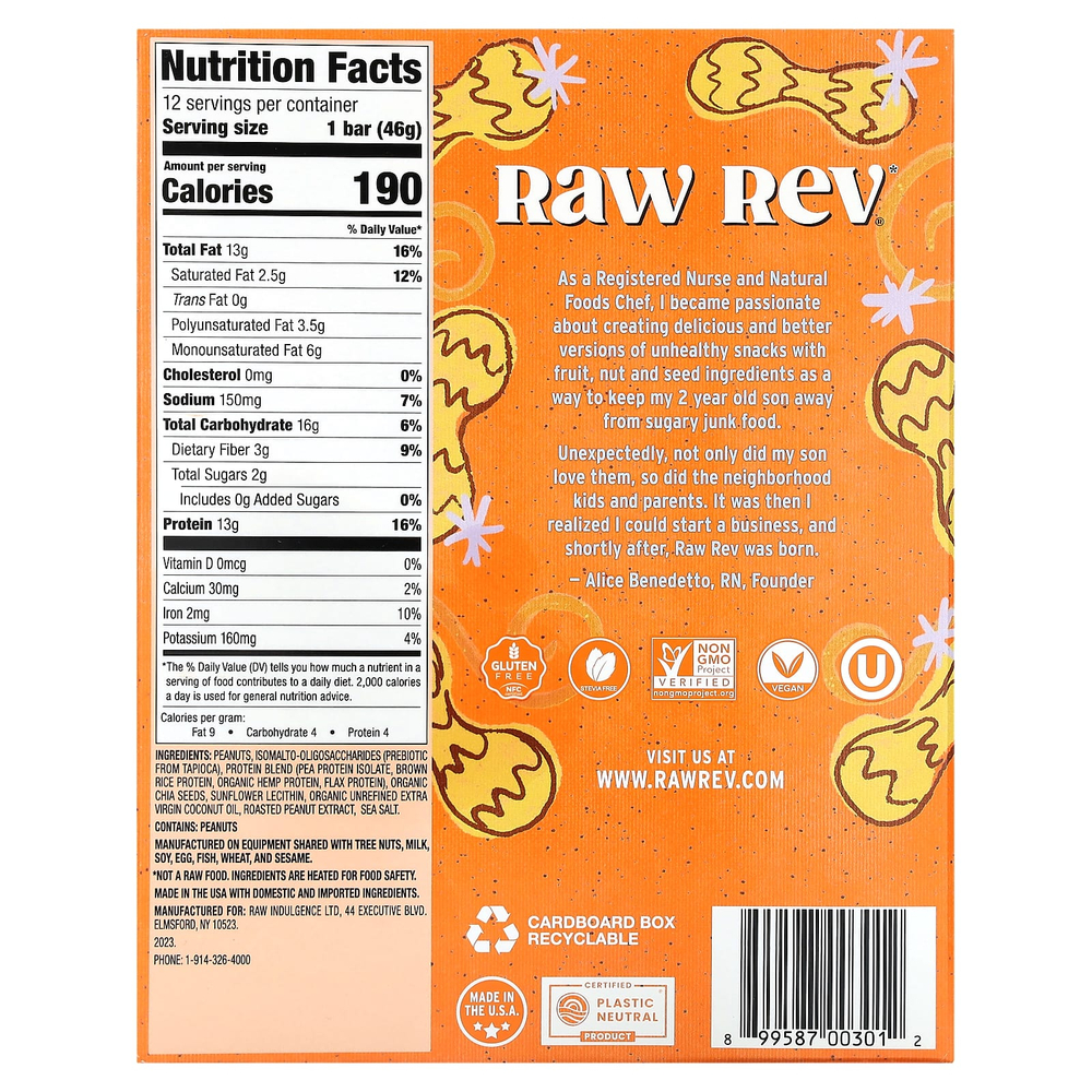 Raw Rev, растительный протеиновый батончик, арахисовая паста и морская соль, 12 шт. по 46 г