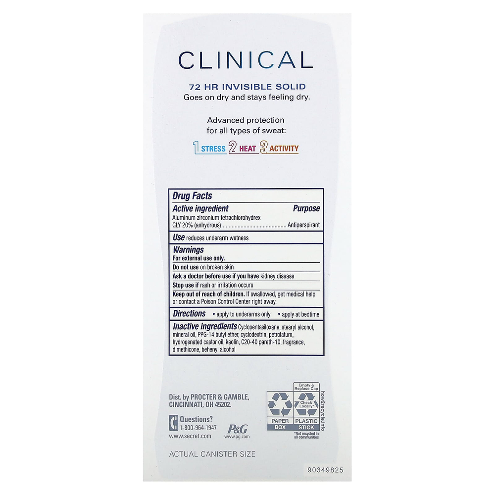 Secret, Clinical 72 HR, невидимый твердый дезодорант, полное очищение, 73 г (2,6 унции)
