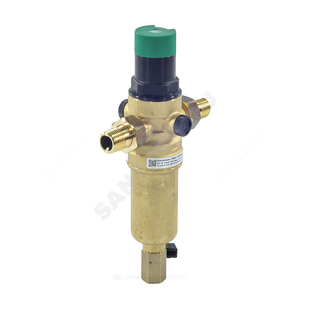 Фильтр сетчатый T-образный латунь Ду 15 Ру25 Тмакс=70 oC G1/2" НР FK06 с выходом под манометр с регулятором давления с краном Honeywell-Braukmann FK06-1/2"AAM