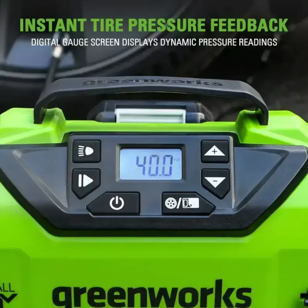 Компрессор автомобильный аккумуляторный Greenworks Арт. 3400807, 24V / 12V (от прикуривателя автомобиля), без АКБ и ЗУ в сумке