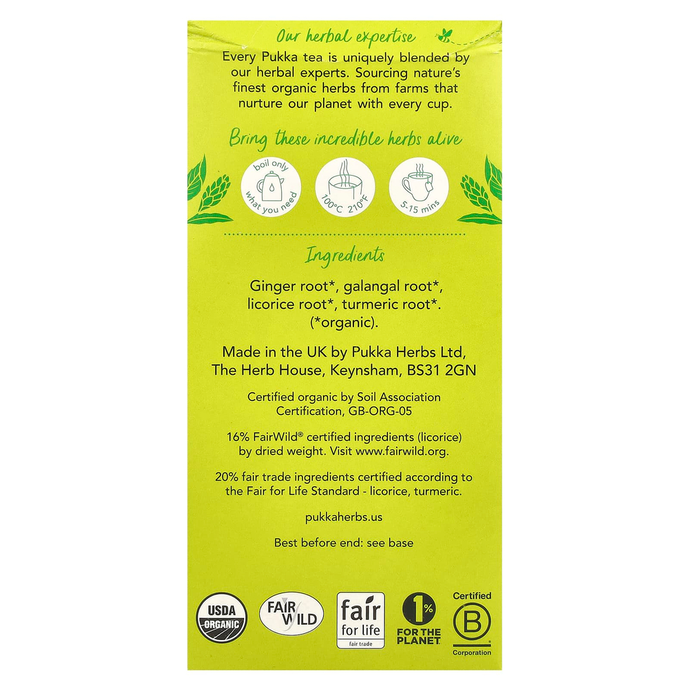 Pukka Herbs, Органический травяной чай, три имбиря, без кофеина, 20 пакетиков, 36 г (1,27 унции)