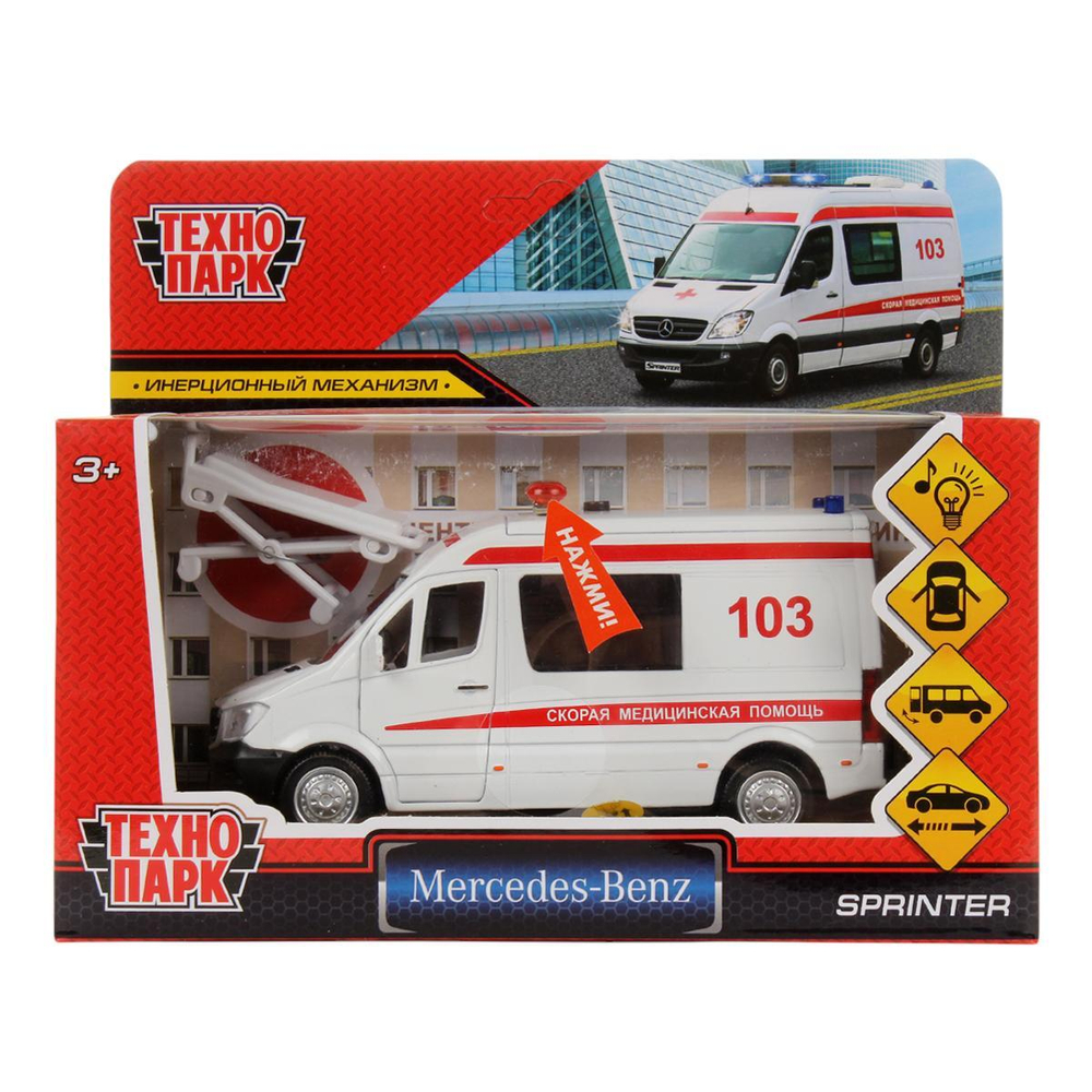 Модель ин. мет. "Mercedes-Benz Sprinter. Скорая помощь" 14см. свет-звук, двер, белая, коробка SPRINTERV