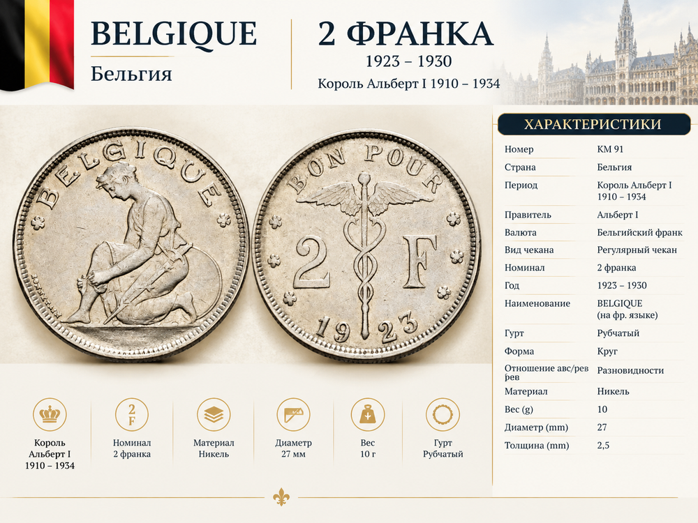 Бельгия 2 франка, 1923 BELGIQUE XF