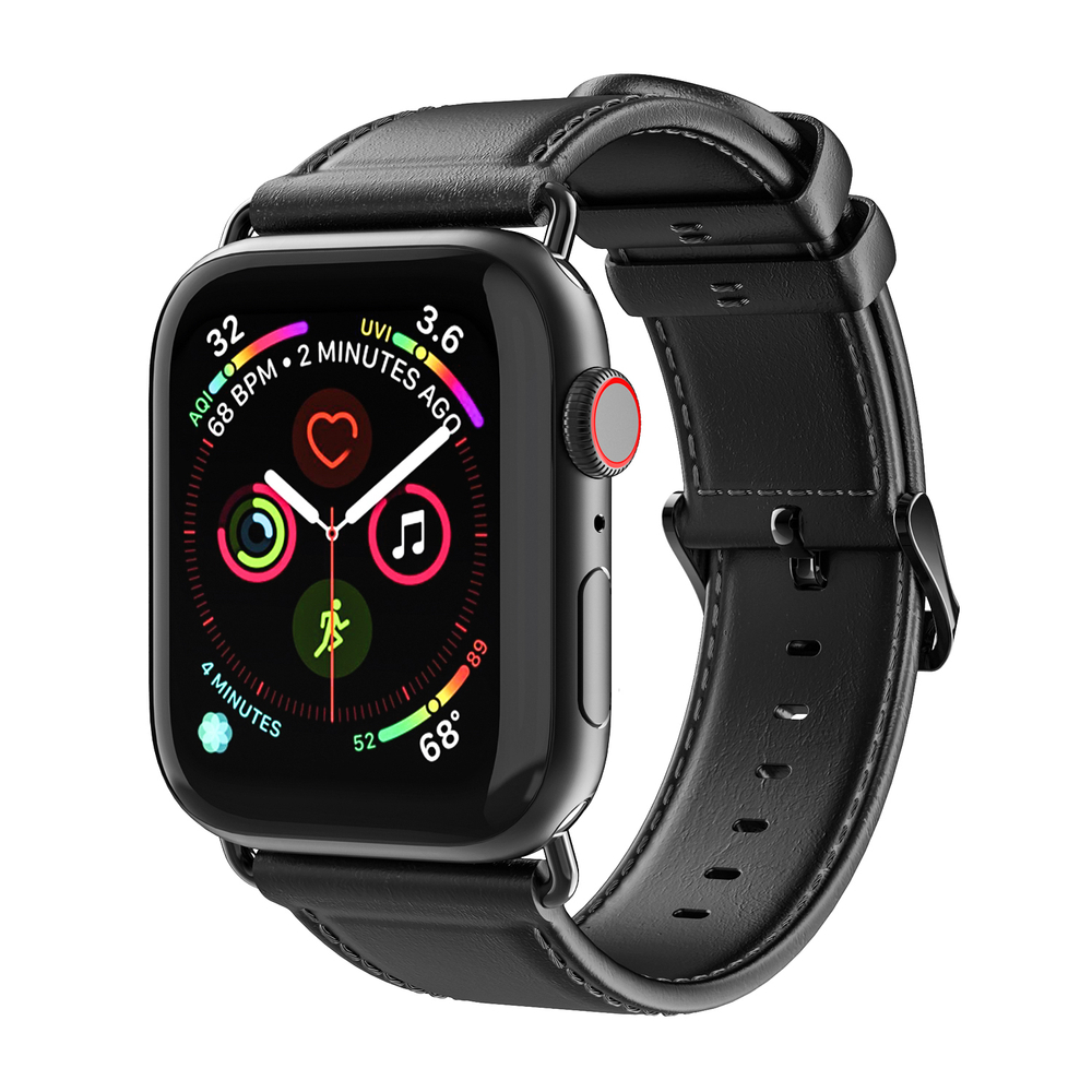 Ремешок из натуральной кожи черного цвета от Dux Ducis для смарт часов Apple Watch 42, 44, 45, 46, 49мм, серия Business Series